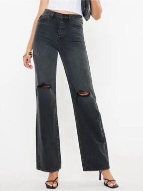 NWT Kancan 90’s Ultra High Rise Flare Faded Black Distressed Denim Jeans 30 13